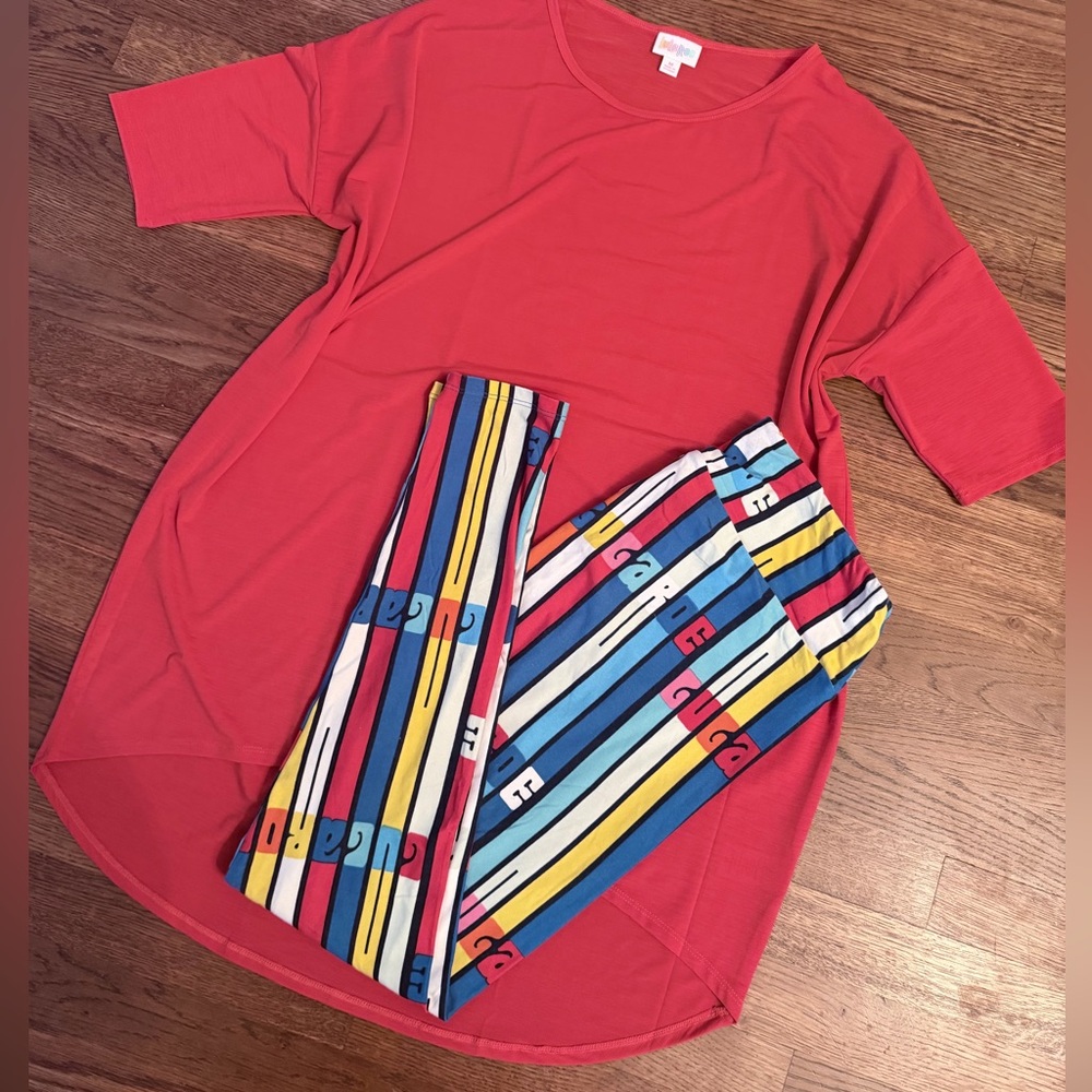 LuLaRoe Red Irma and Multicolor Striped Leggings Set